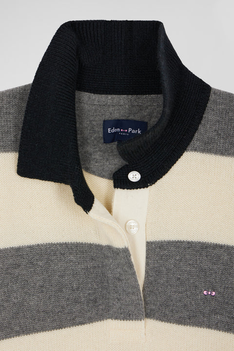Light grey and ecru striped wool and cashmere polo-neck sweater - Image 3