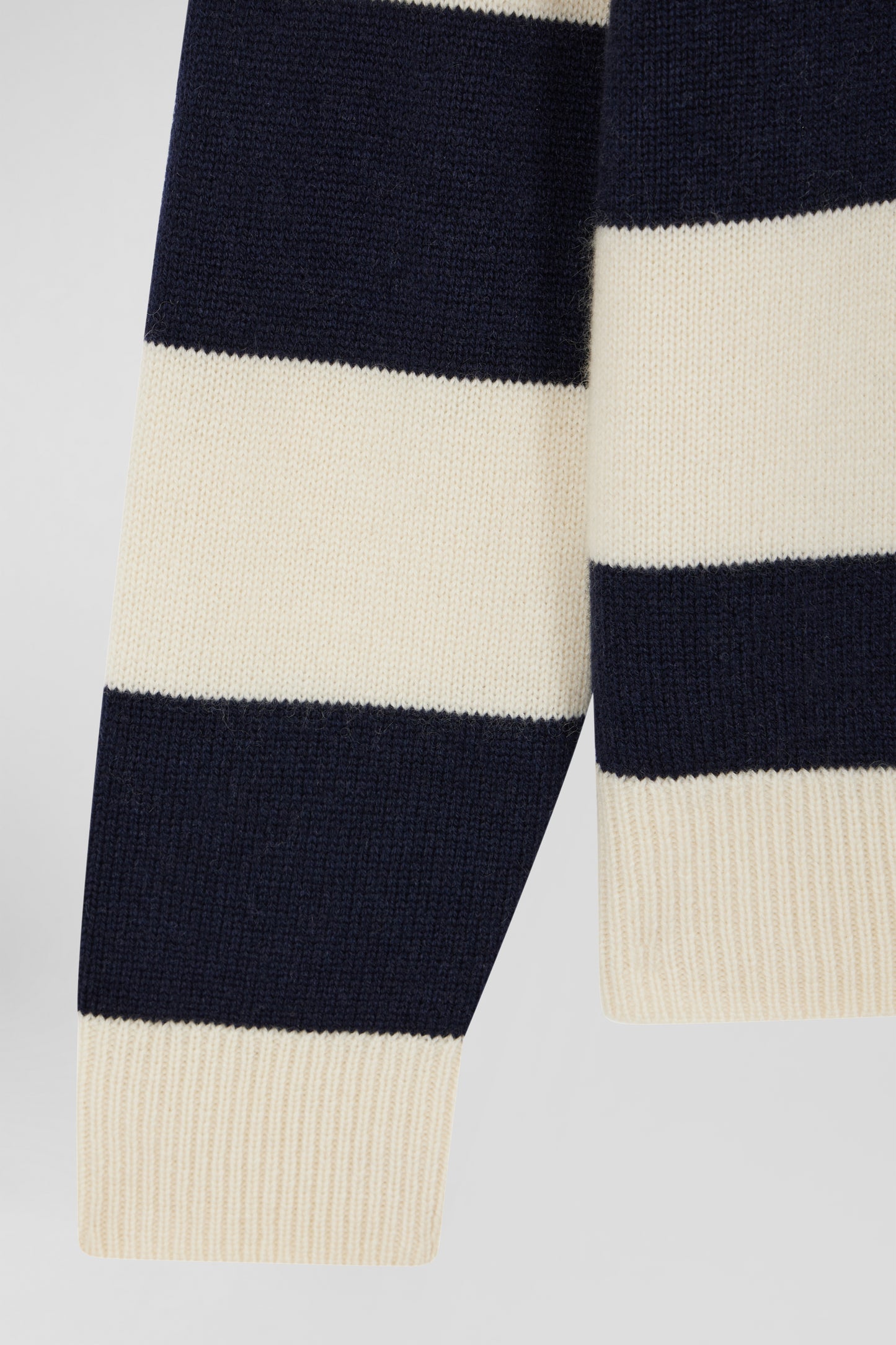 Navy blue and ecru striped wool and cashmere polo-neck sweater