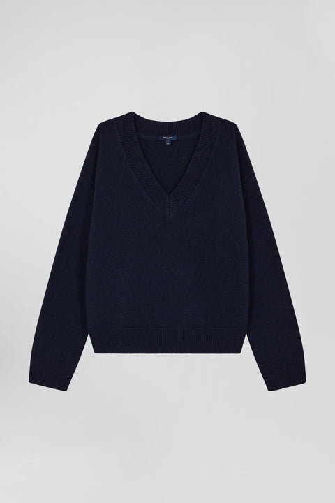 Pull col V en laine et cachemire bleu marine coupe Relaxed - Image 1