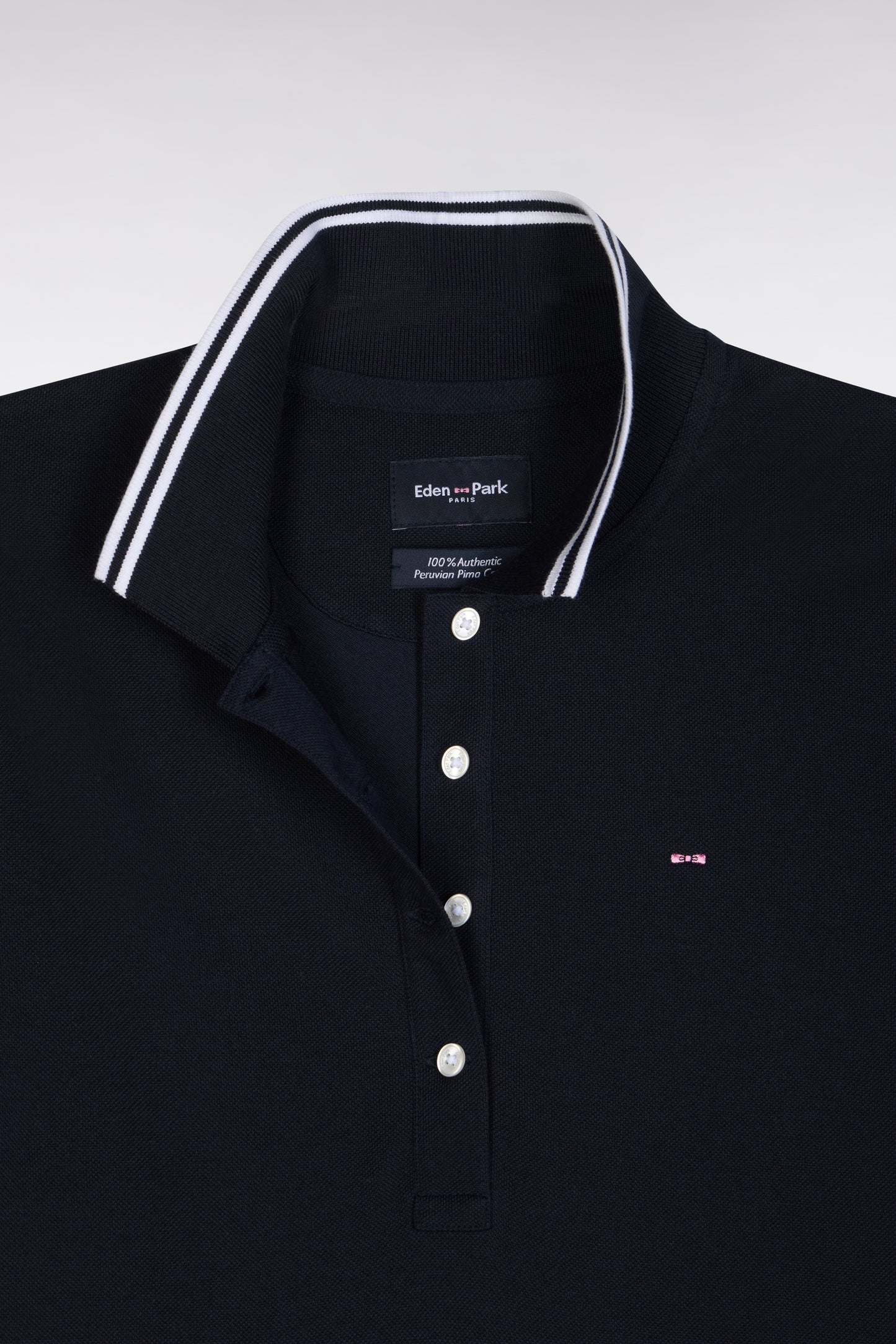 Short-sleeved polo shirt in navy Pima cotton piqué with striped accents