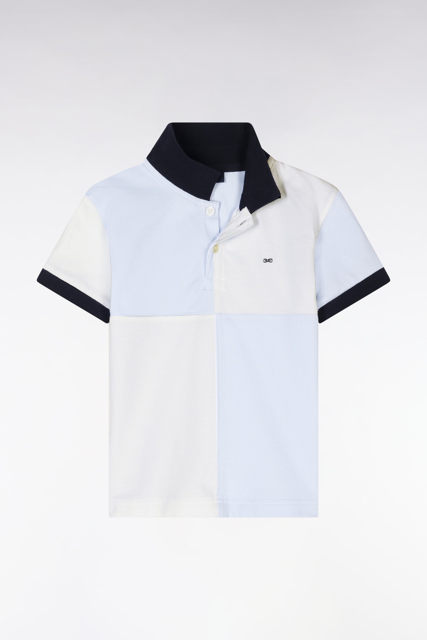 Straight-fit cut and sew short-sleeved polo shirt in sky blue and white cotton