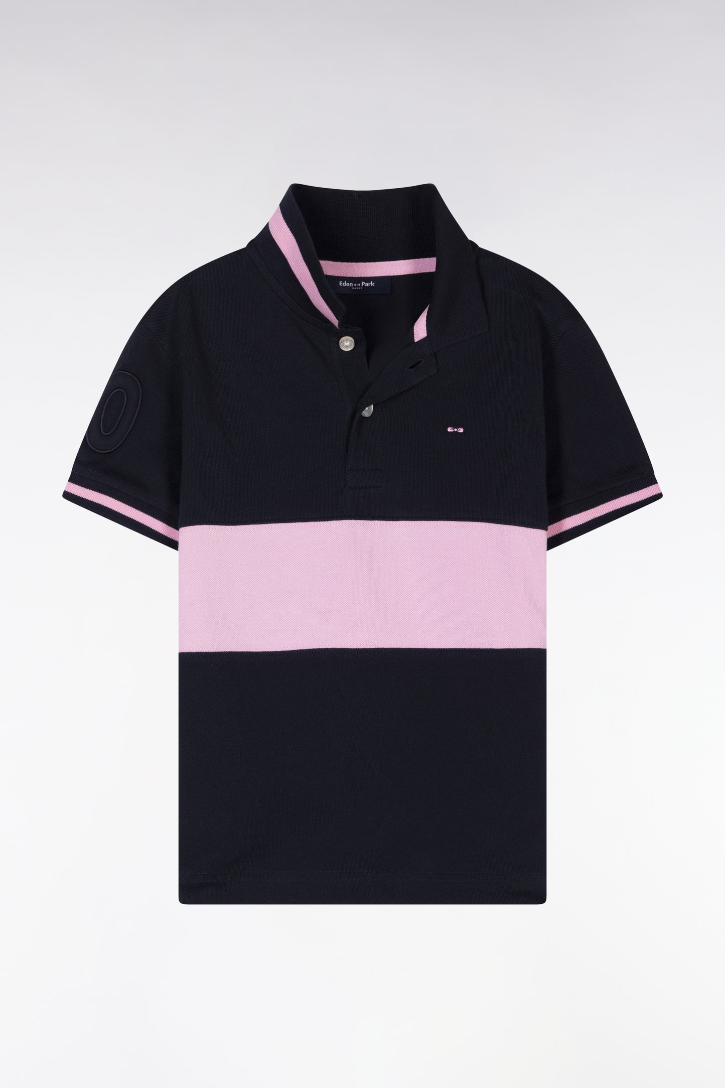 Straight-fit short-sleeved polo shirt in navy and pink cotton piqué