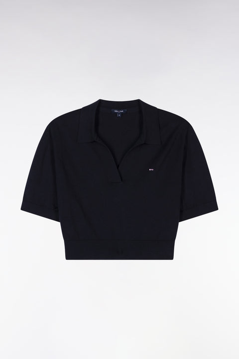 Pull col polo à manches courtes en coton biologique et cachemire marine coupe droite - Image 1