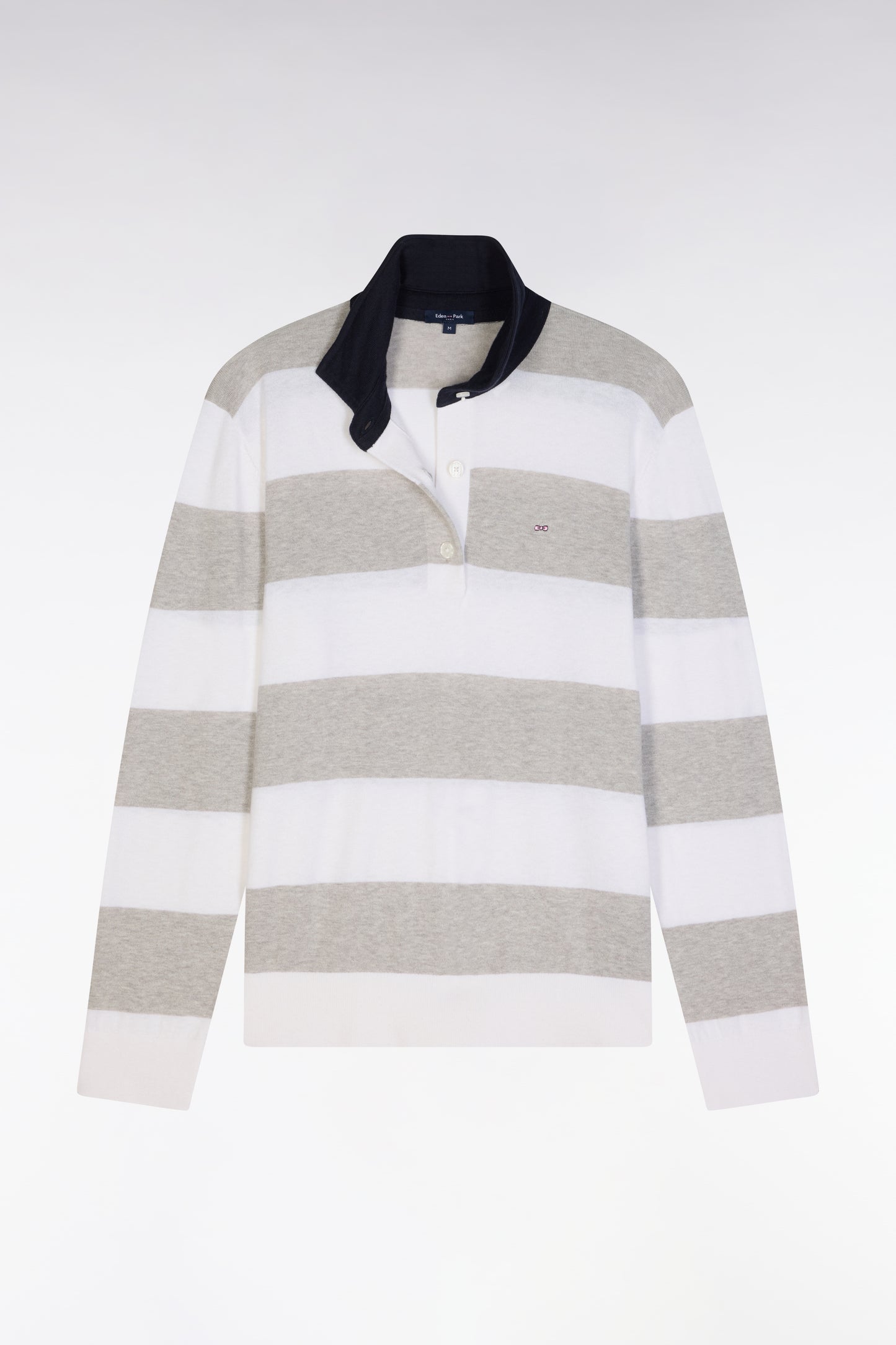 Relaxed-fit striped grey jumper with a rugby shirt collar in organic cotton and cashmere blend
