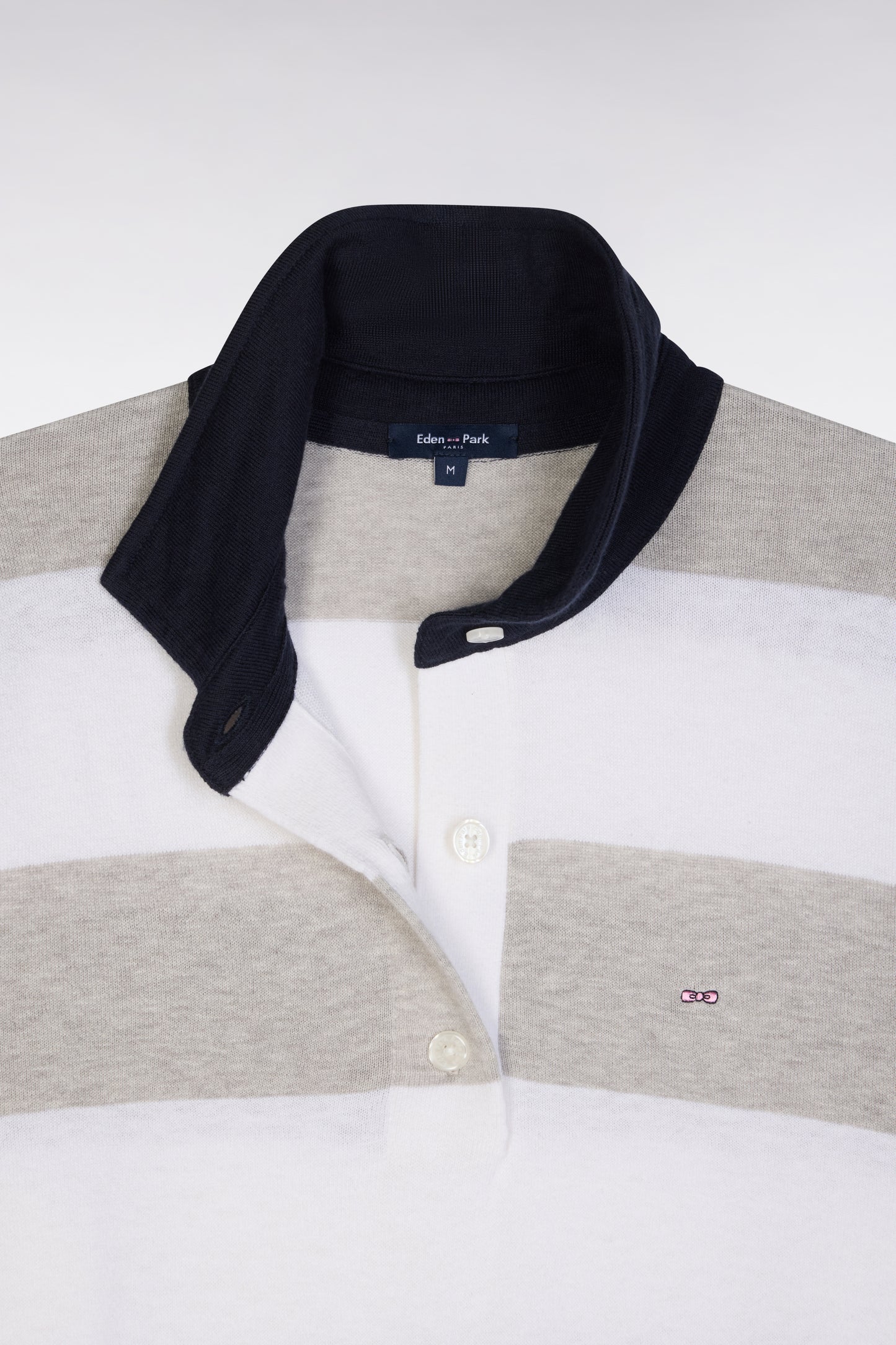 Relaxed-fit striped grey jumper with a rugby shirt collar in organic cotton and cashmere blend