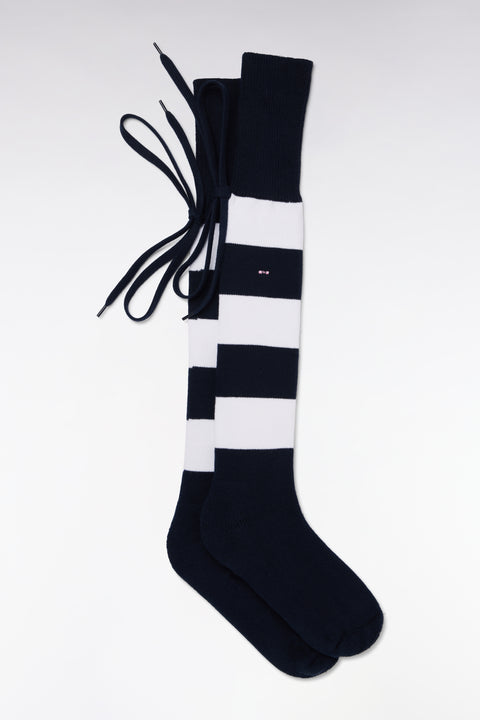 Chaussettes de rugby montantes cerclées marine et blanches - Image 2