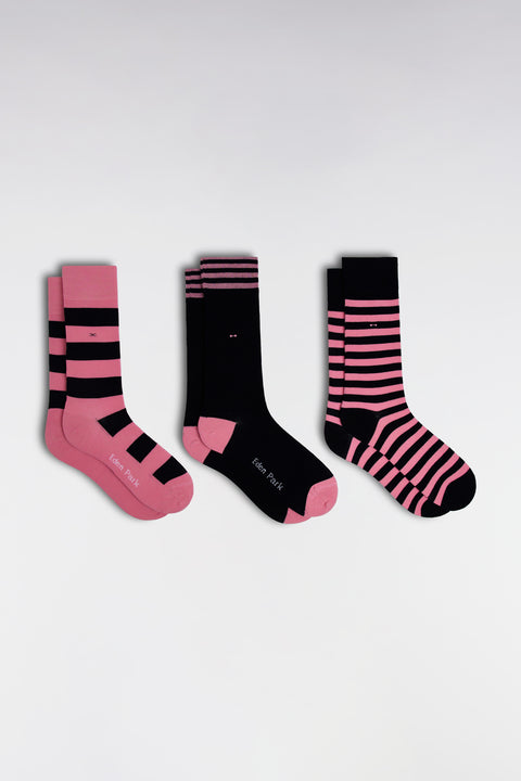 Lot de 3 paires de chaussettes cerclées marine et roses en coton stretch mélangé - Image 1