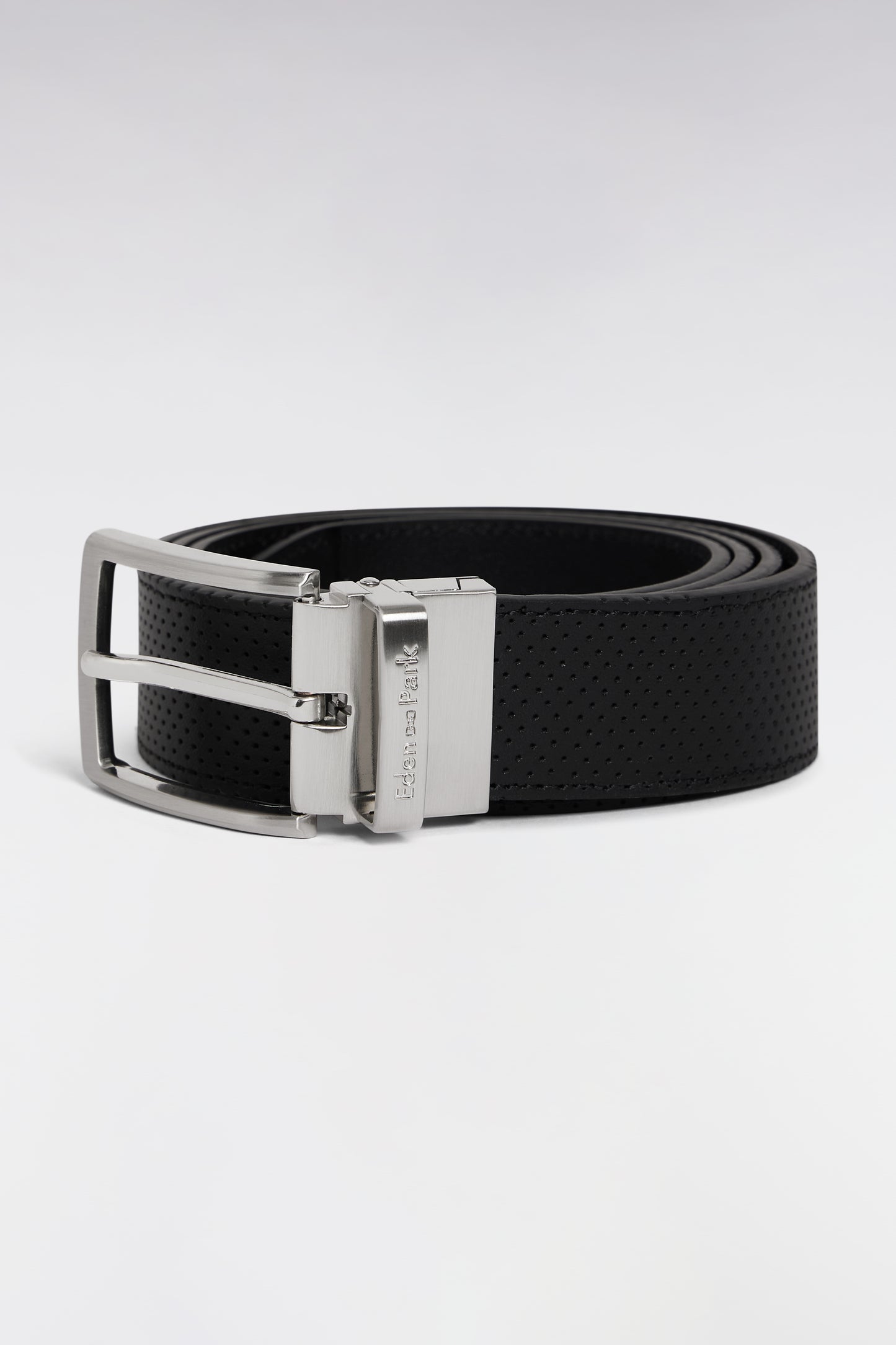 Black leather belt with two silver metal buckles