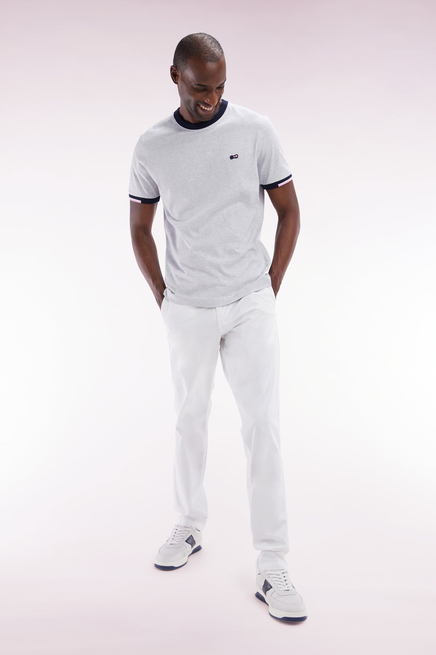 White straight-cut stretch cotton pleat-free chinos
