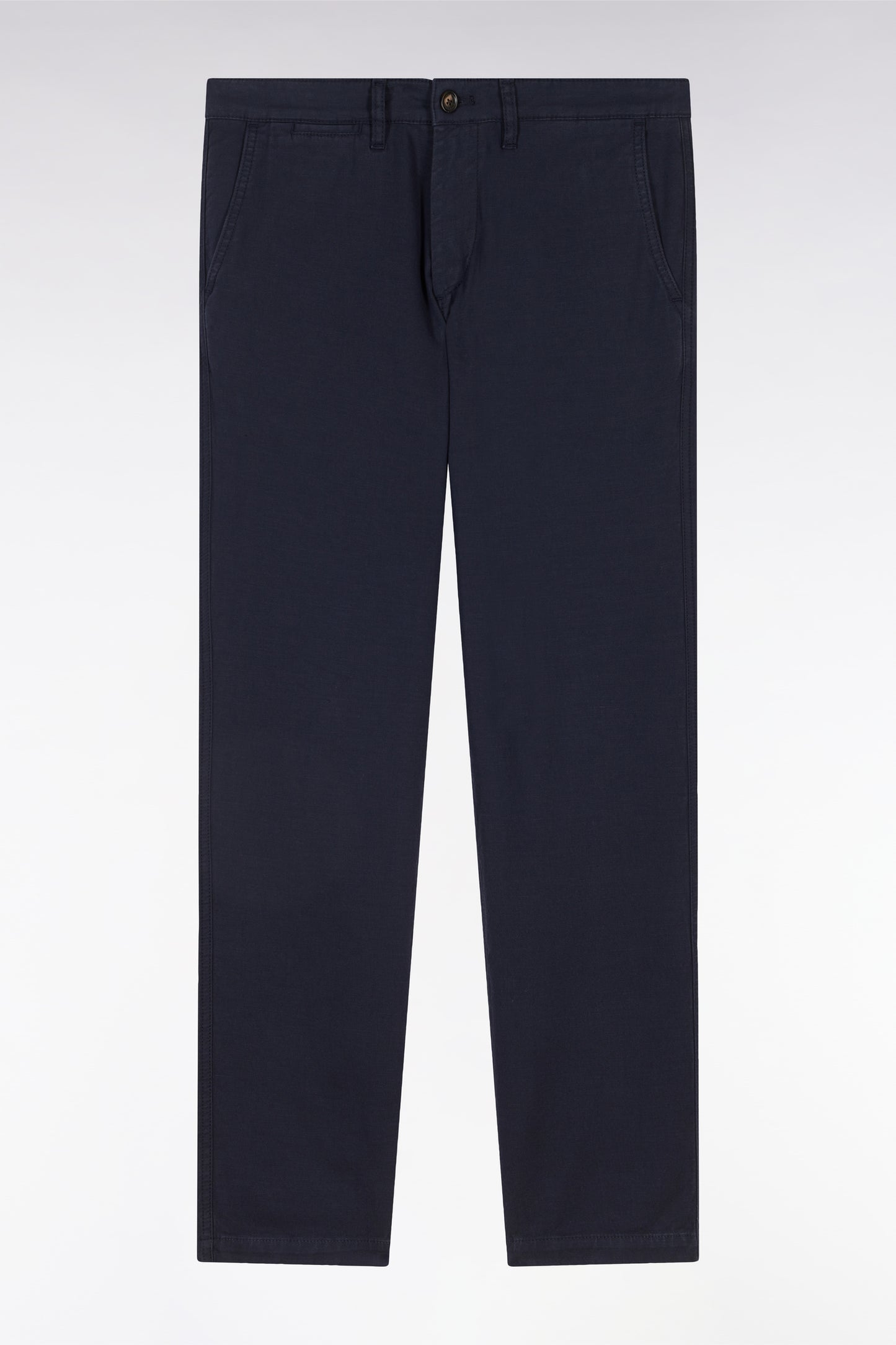 Straight-cut navy stretch cotton and linen pleat-free chinos