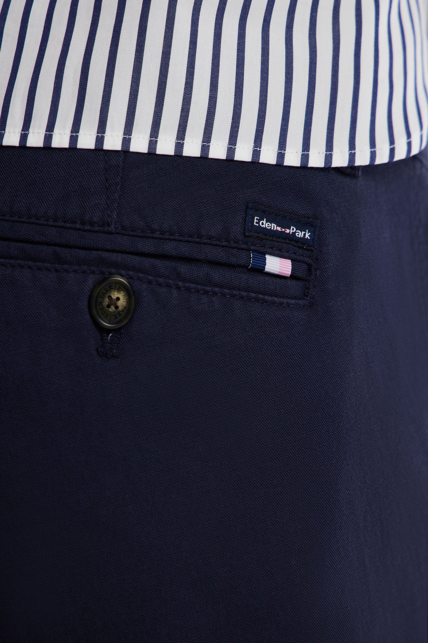 Straight-cut navy stretch cotton and linen pleat-free chinos