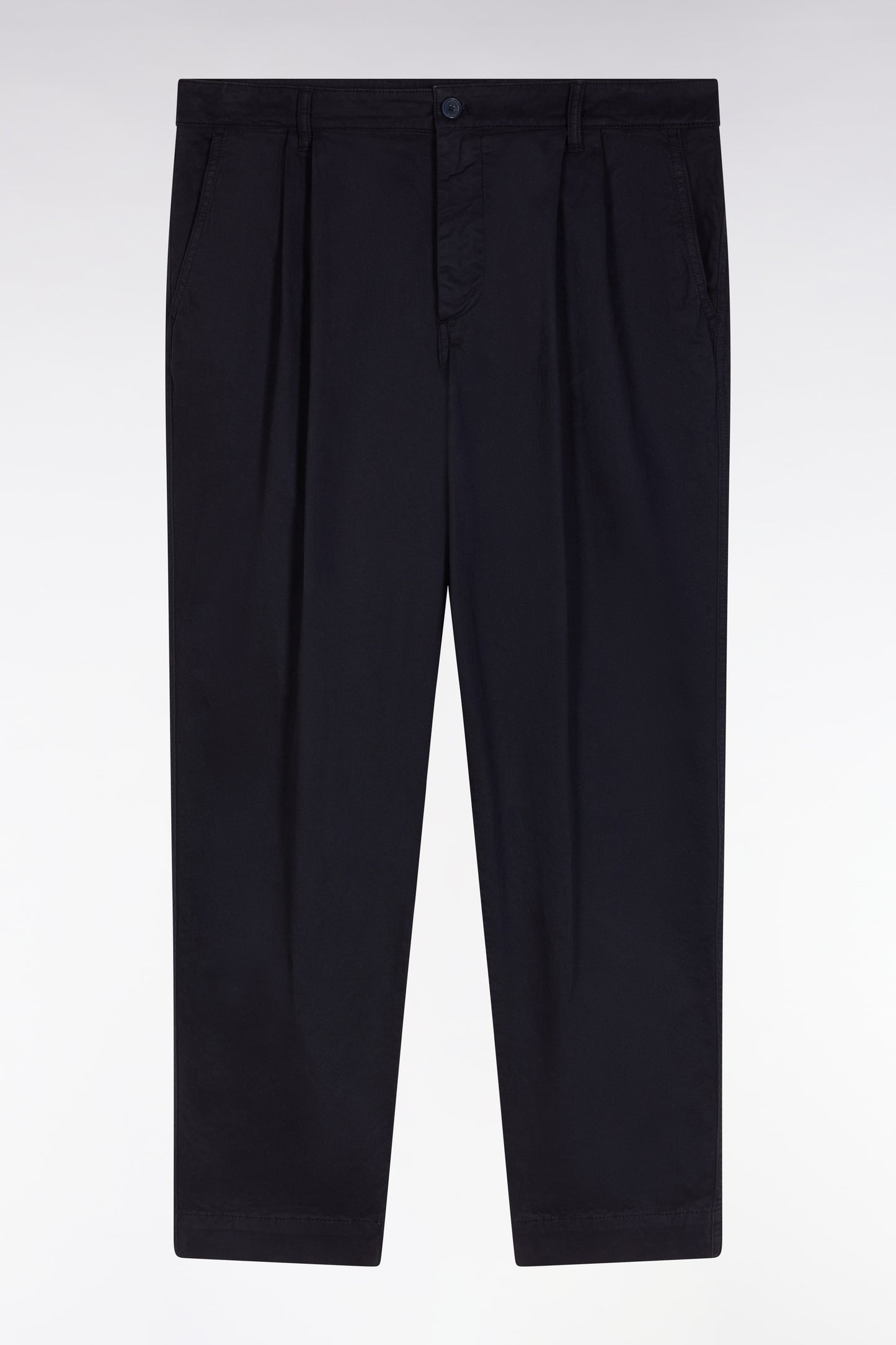 Pleated straight fit chinos in navy stretch cotton