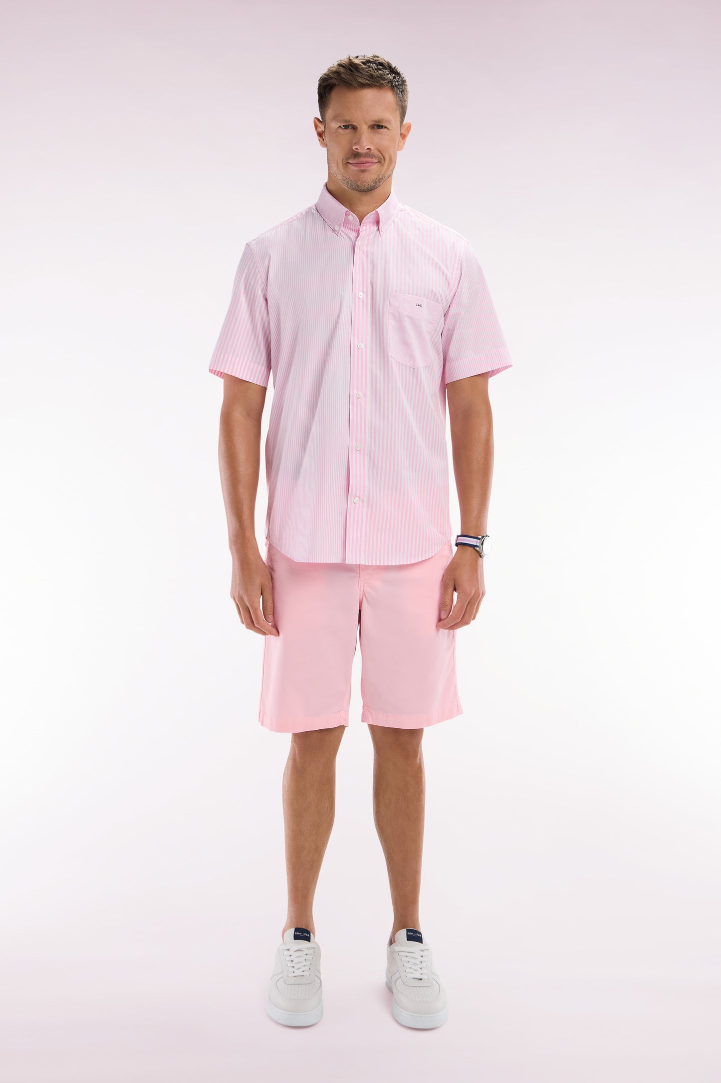 Pink straight-cut stretch cotton chino Bermuda shorts