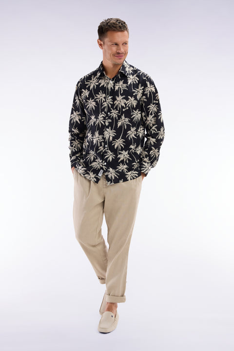 Pantalon fluide à taille élastique en lin et coton stretch beige - Image 3