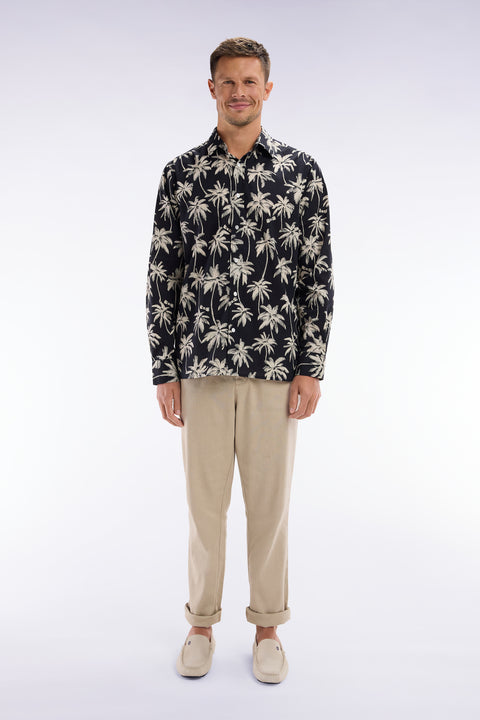 Pantalon fluide à taille élastique en lin et coton stretch beige - Image 1