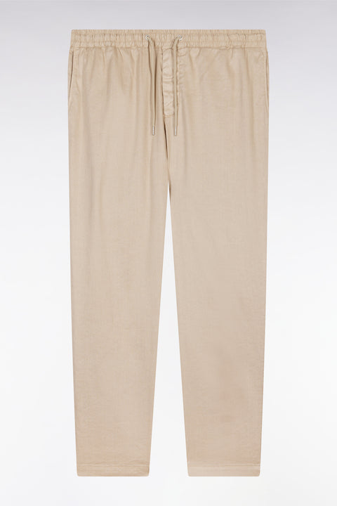 Pantalon fluide à taille élastique en lin et coton stretch beige - Image 2