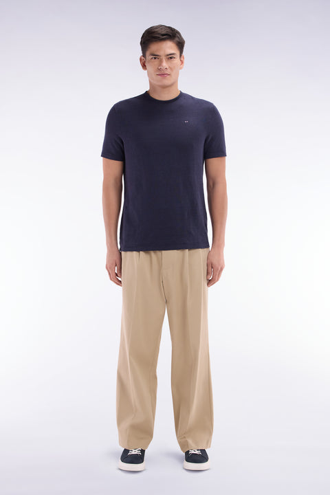 Pantalon à plis jambes larges en lyocell et coton stretch beige - Image 1