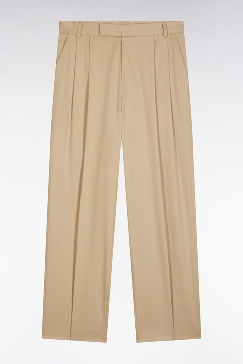 Pantalon à plis jambes larges en lyocell et coton stretch beige - Image 2