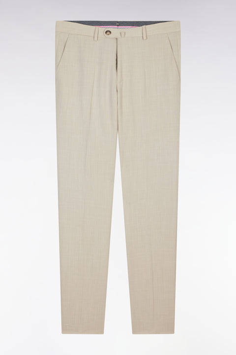 Pantalon à taille élastiquée en laine et coton stretch mélangés beige - Image 1
