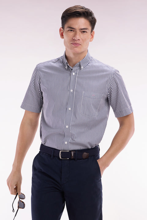 Chemise à manches courtes en coton rayé bleu foncé coupe droite - Image 3