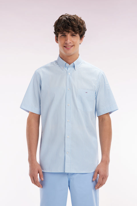 Chemise à manches courtes en coton rayé ciel coupe droite - Image 1