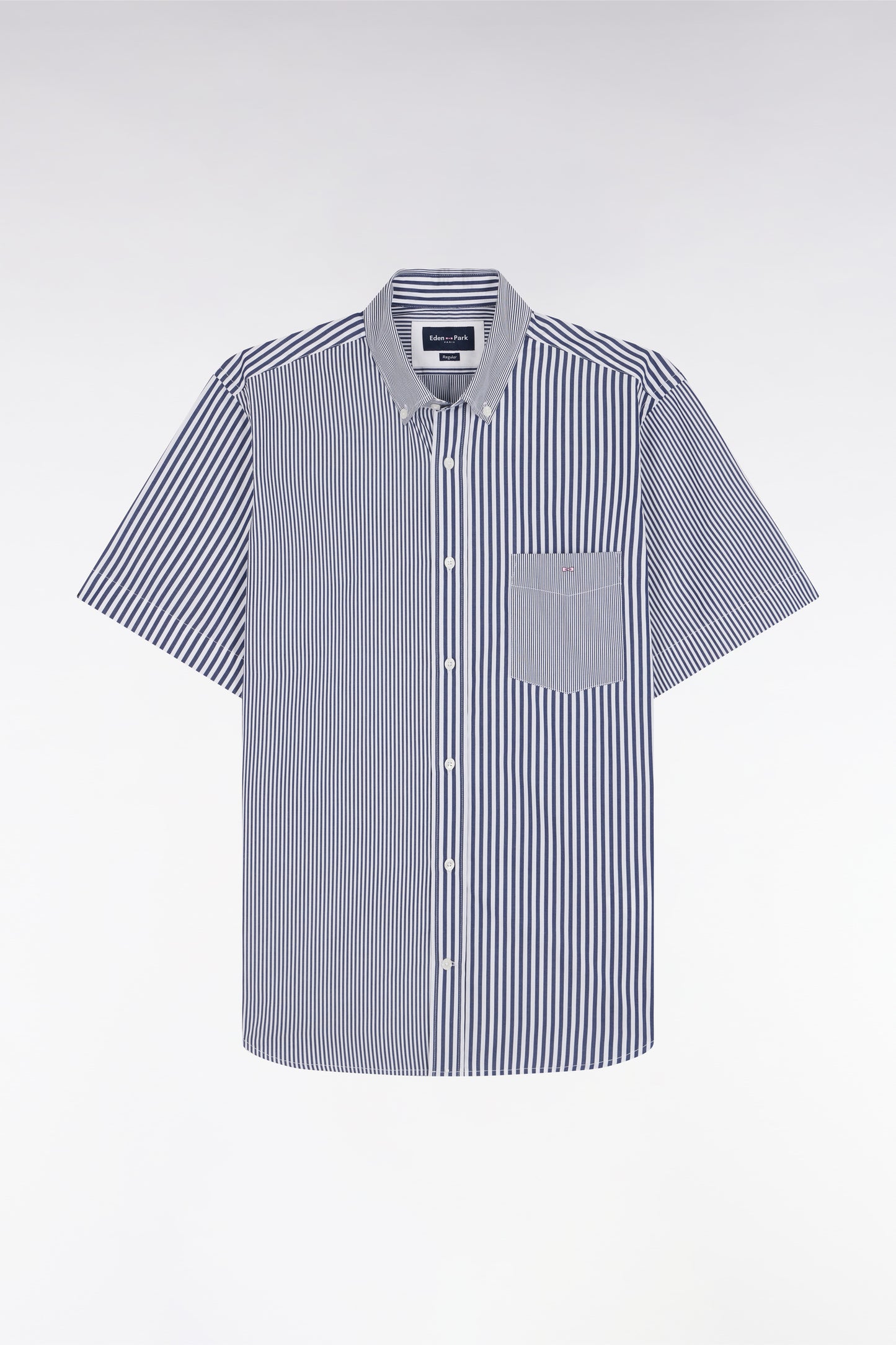 Straight short-sleeved shirt in dark blue striped poplin cotton
