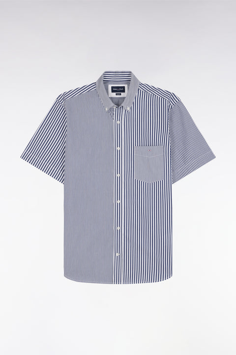 Chemise à manches courtes en popeline de coton rayée bleu foncé coupe droite - Image 2