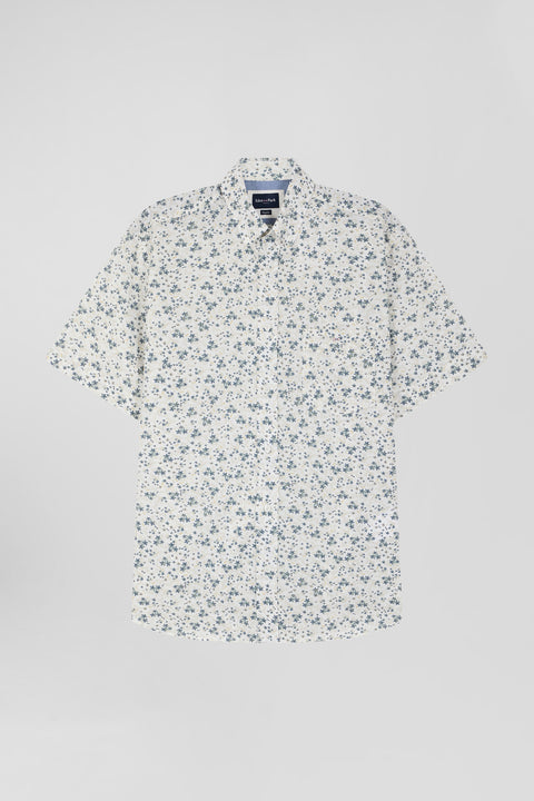 Chemise à manches courtes en popeline de coton écrue imprimé floral bleu gris coupe droite - Image 2
