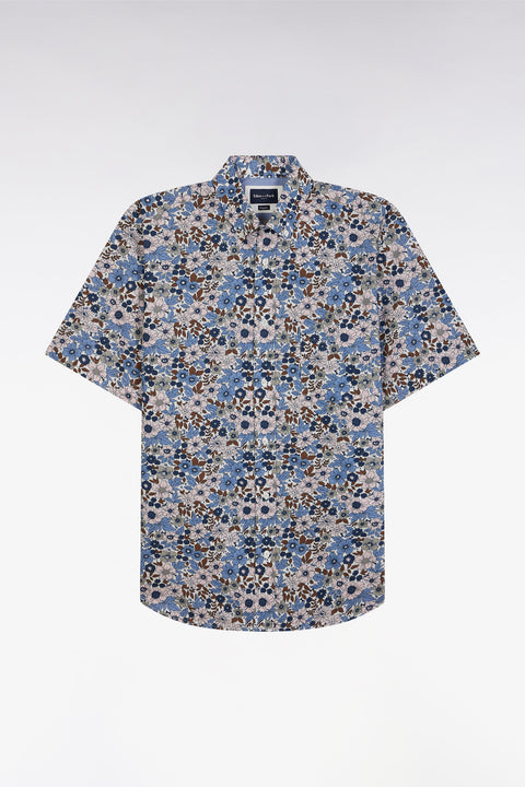 Chemise à manches courtes en popeline de coton bleue imprimé floral coupe droite - Image 2