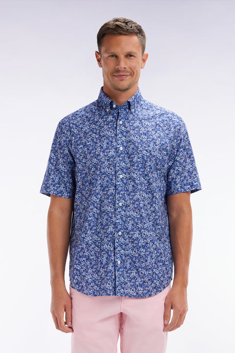 Chemise à manches courtes en popeline de coton Pima bleue micromotif floral coupe droite - Image 1