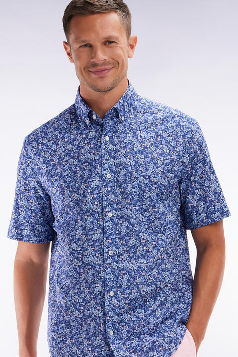 Chemise à manches courtes en popeline de coton Pima bleue micromotif floral coupe droite - Image 3