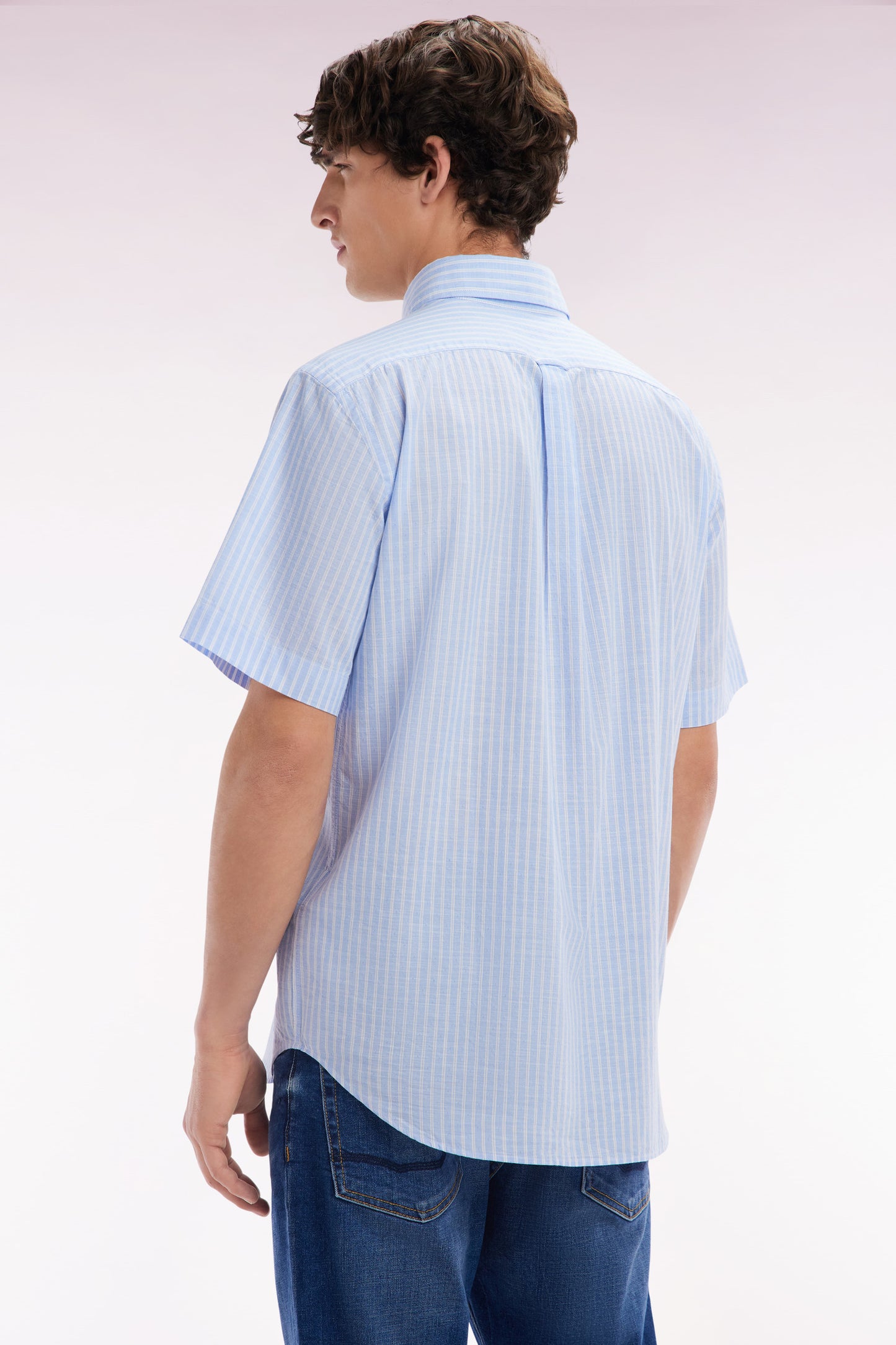 Straight striped short-sleeved sky blue cotton shirt