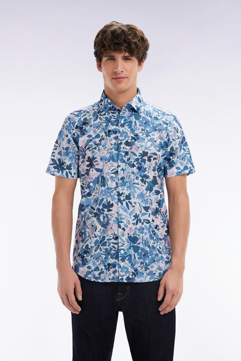 Slim-fit short-sleeved floral print shirt in navy cotton - Image 1
