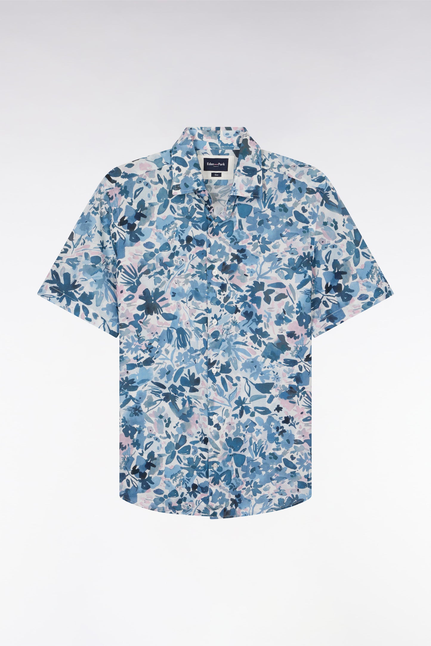 Slim-fit short-sleeved floral print shirt in navy cotton