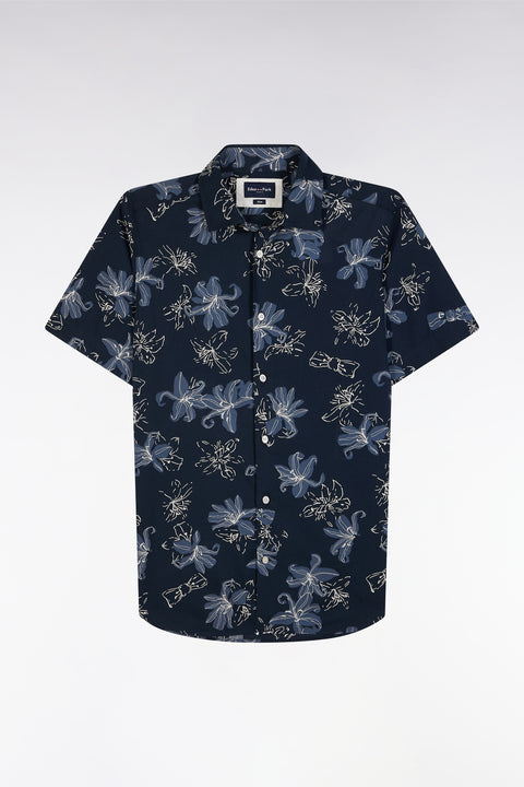 Slim-fit short-sleeved navy cotton shirt with floral print - Image 2