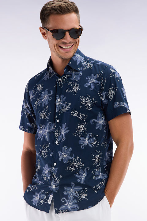 Slim-fit short-sleeved navy cotton shirt with floral print - Image 3