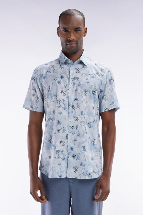 Chemise à manches courtes en coton bleu-gris à imprimé floral coupe ajustée - Image 1