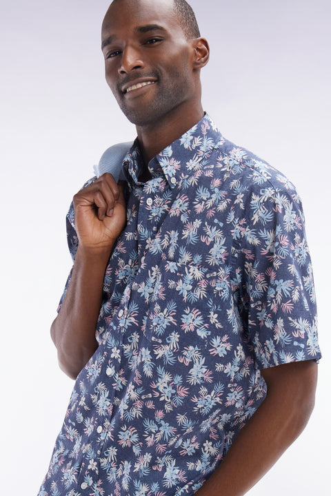 Chemise à manches courtes en coton marine imprimé fleurs coupe droite - Image 3