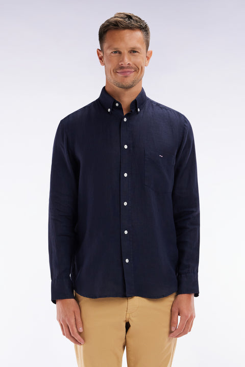 Chemise en lin marine unie coupe droite - Image 1