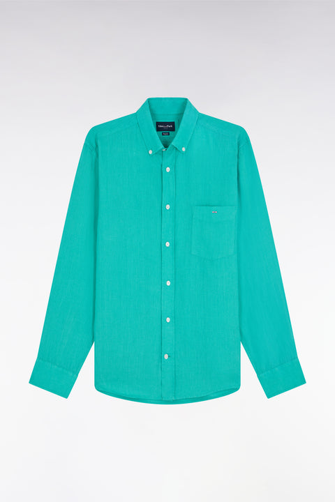 Chemise en lin vert unie coupe droite - Image 2