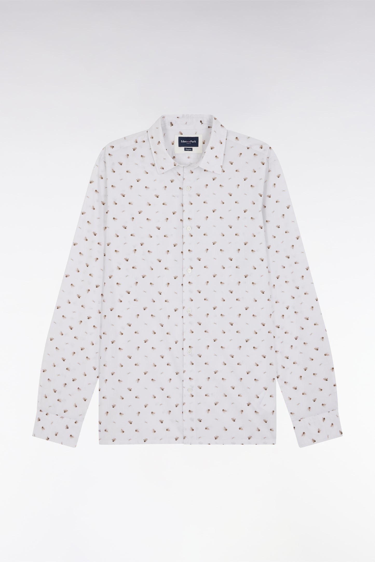 Straight-fit sand cotton poplin shirt with bow tie microprint