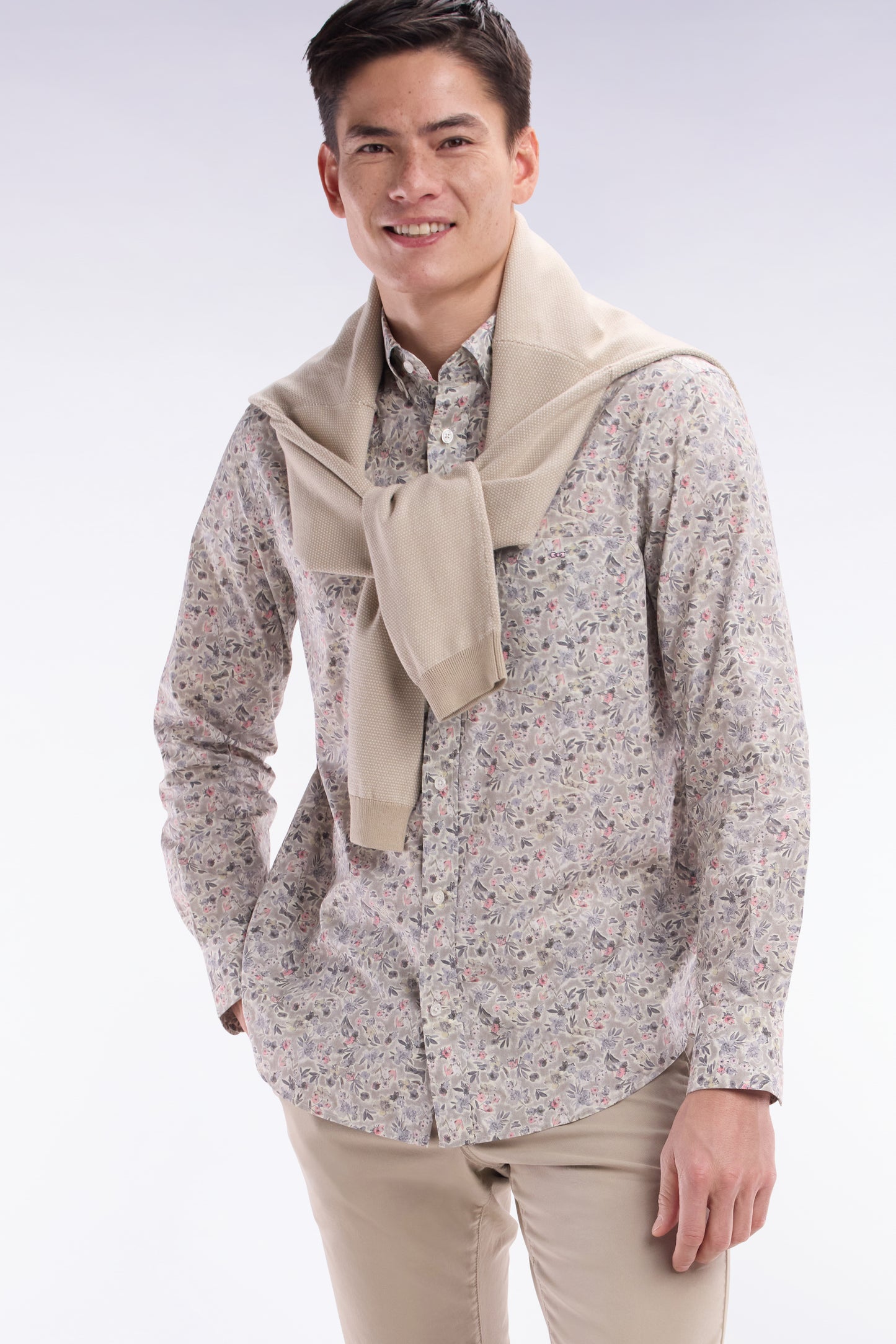 Straight-fit khaki Pima cotton poplin shirt with floral micro pattern