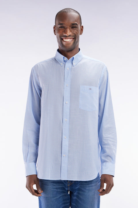 Chemise en popeline de coton à microcarreaux Vichy ciel coupe droite - Image 1