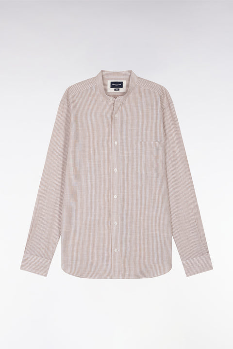 Chemise en coton et lin rayée beige à col Mao coupe ajustée - Image 2