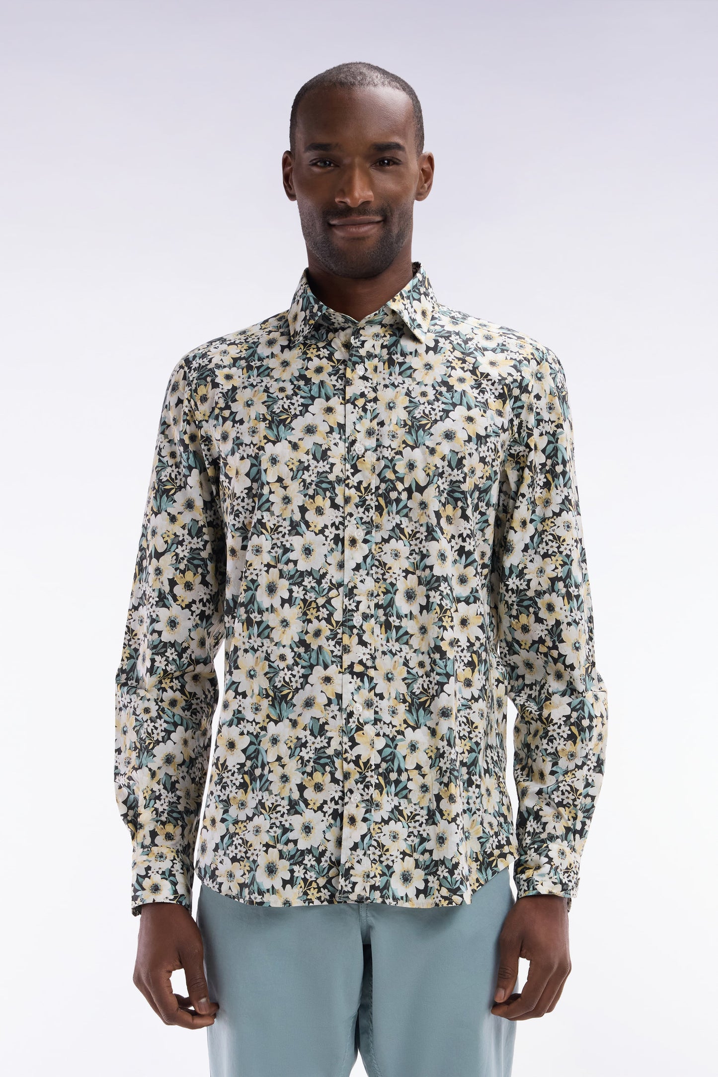 Straight-fit floral print cotton poplin shirt