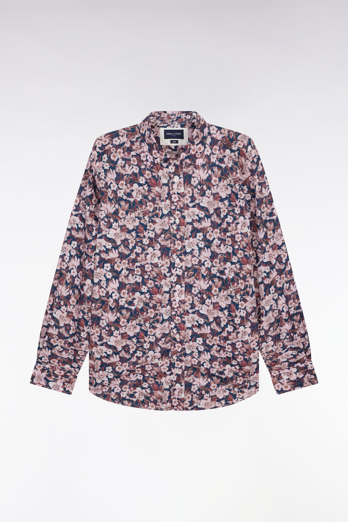 Straight-fit cotton poplin shirt with burgundy floral print