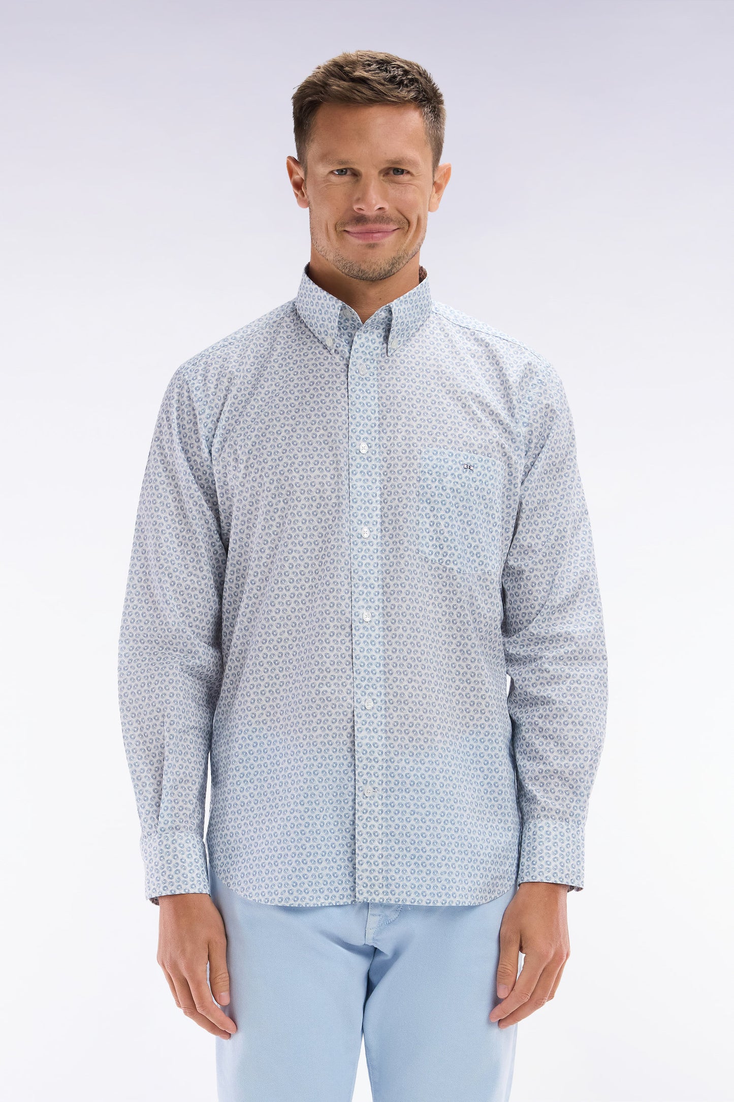 Straight-fit cotton poplin shirt with grey graphic microprint