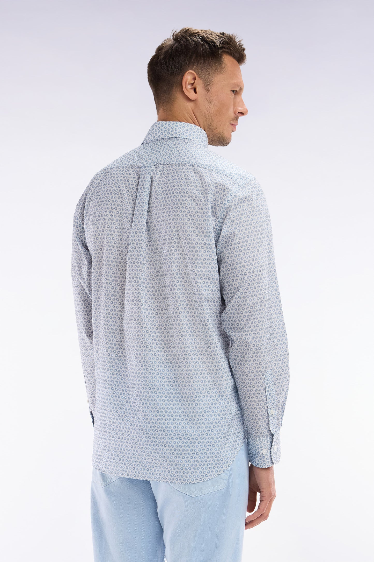 Straight-fit cotton poplin shirt with grey graphic microprint