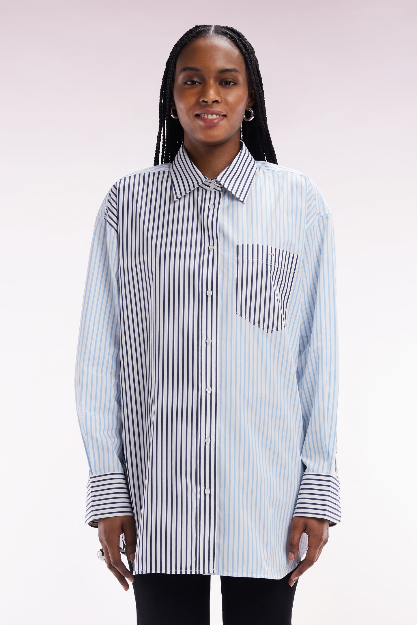 Oversized blue cotton stripe patchwork shirt