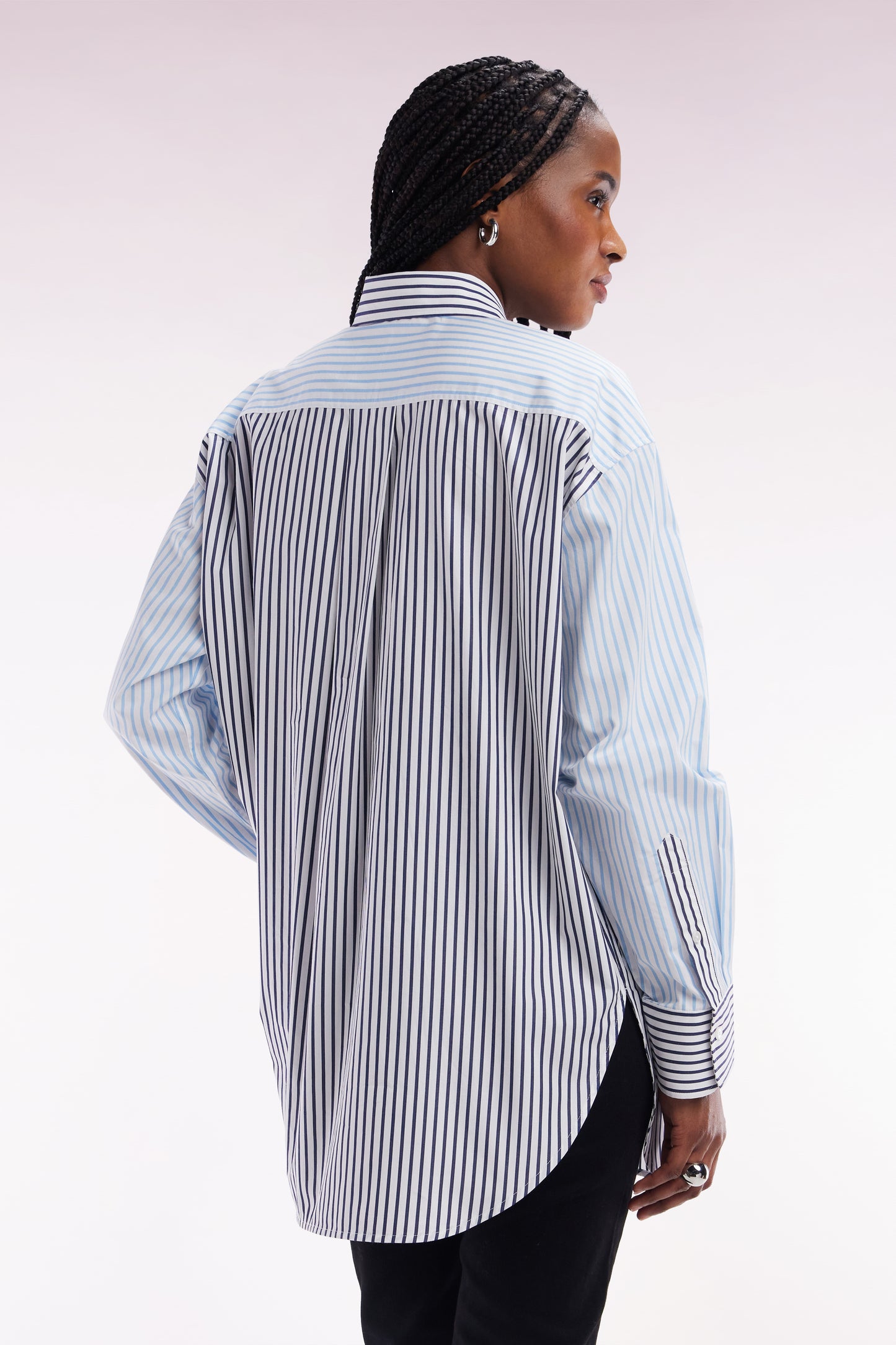 Oversized blue cotton stripe patchwork shirt